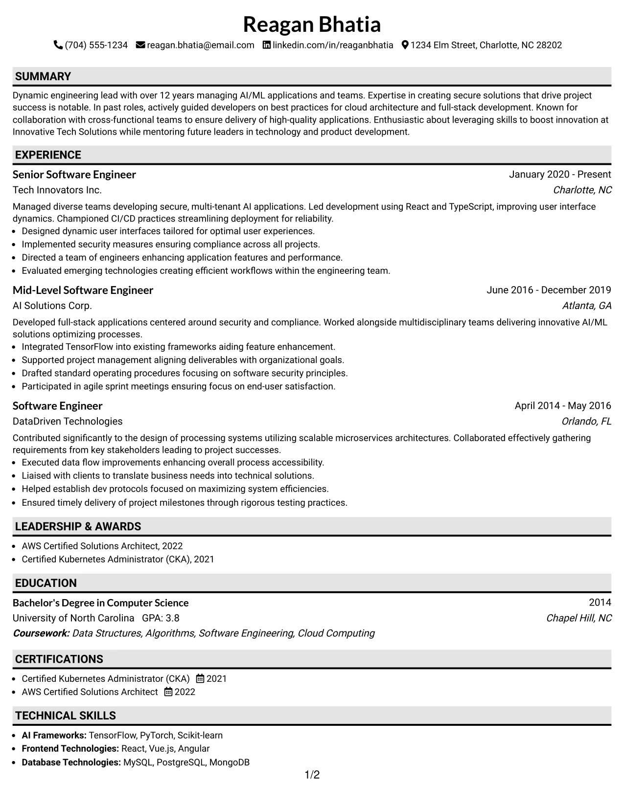 Resume Example Page 1