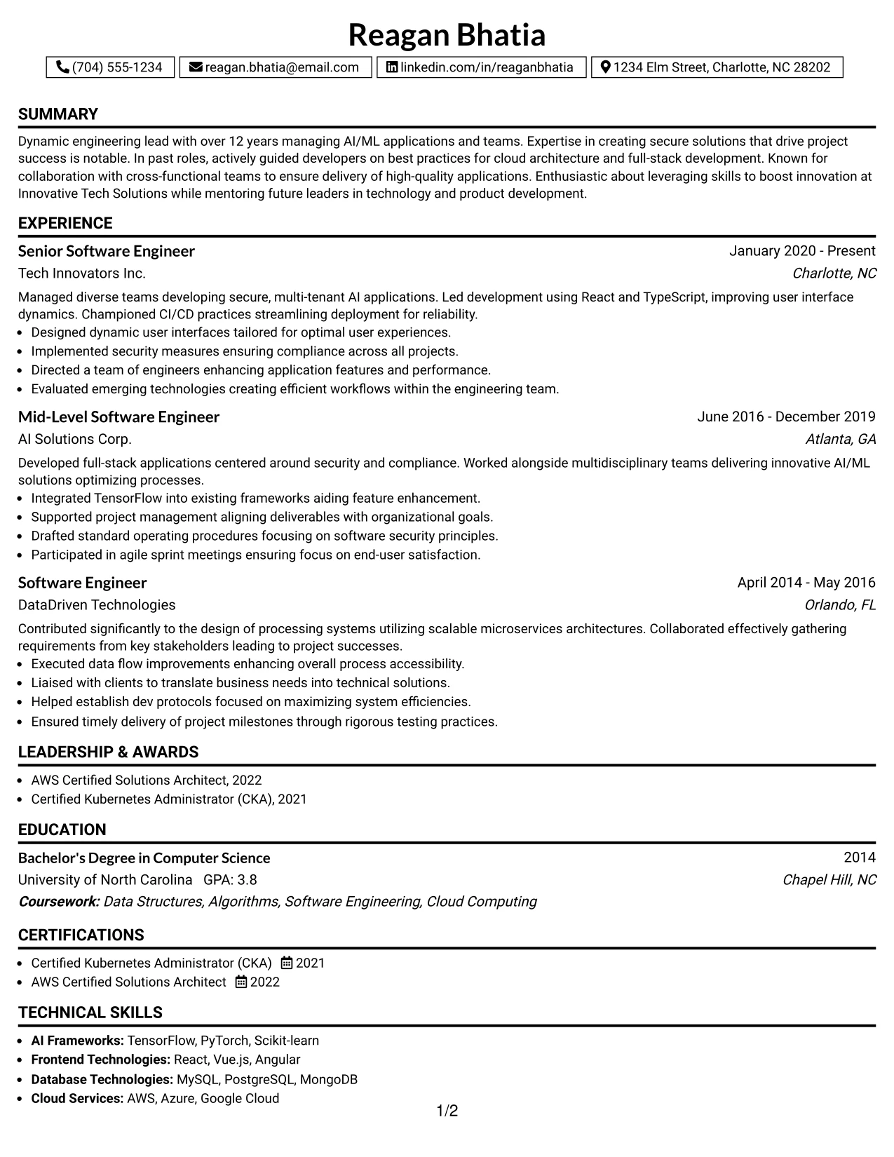 Resume Example Page 1