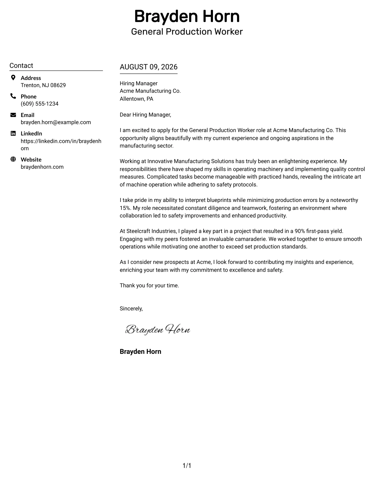 Resume Example Page 1