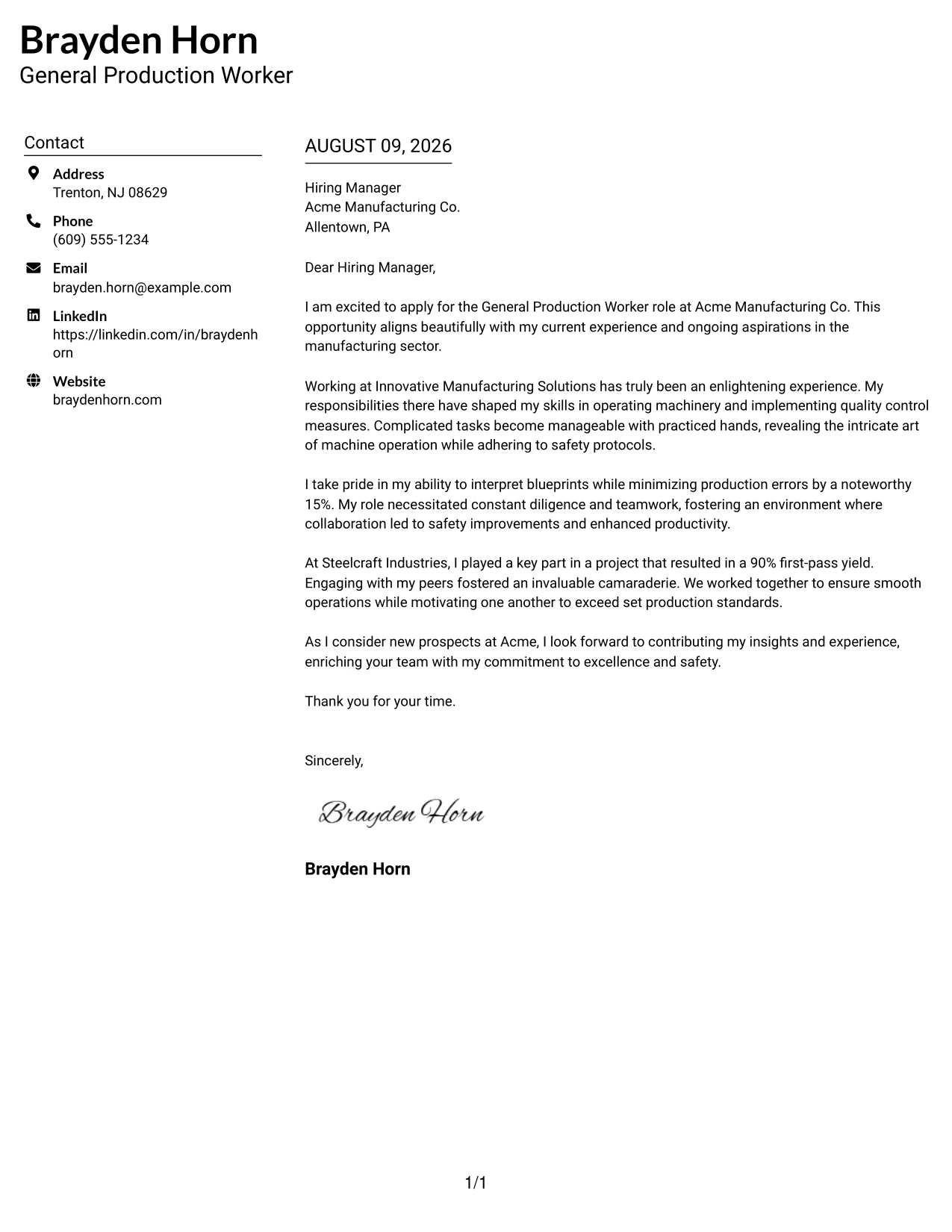 Resume Example Page 1