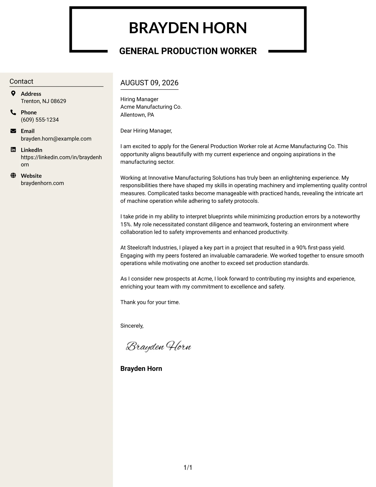 Resume Example Page 1