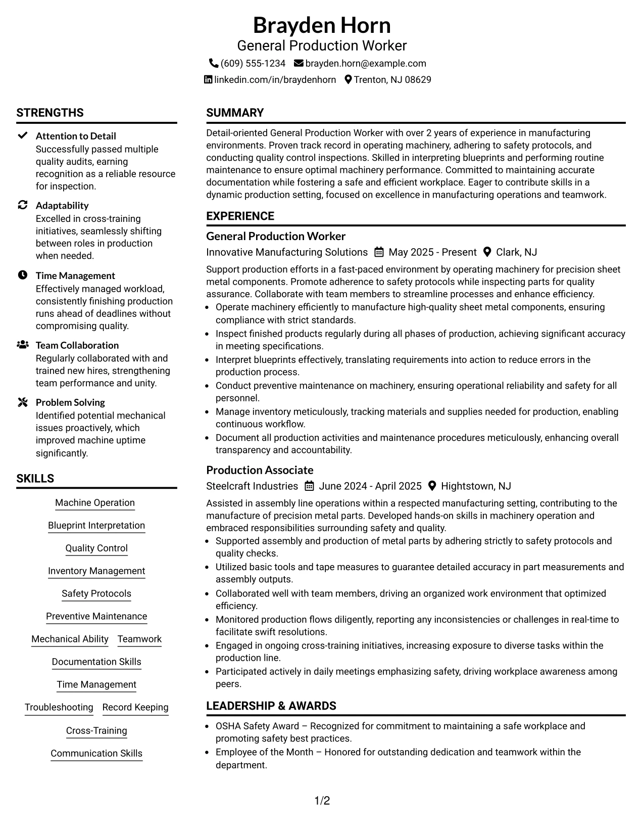Resume Example Page 1