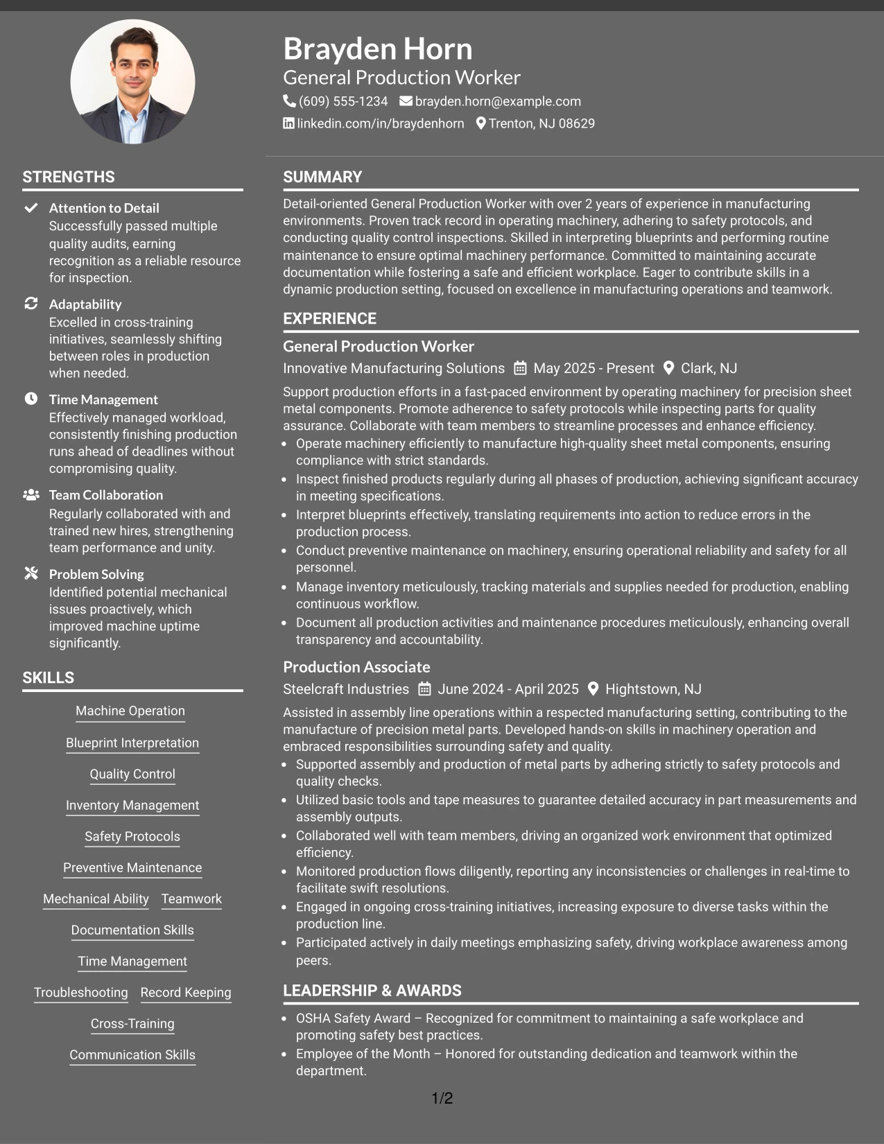 Resume Example Page 1