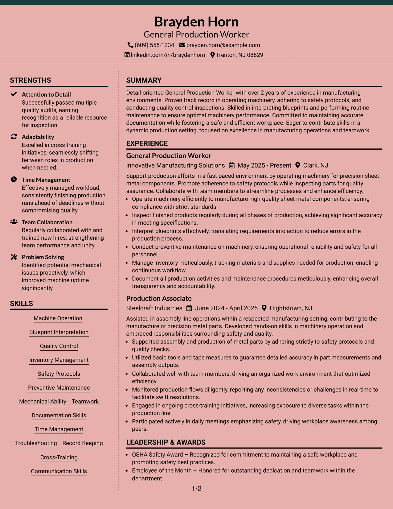 Resume Example Page 1