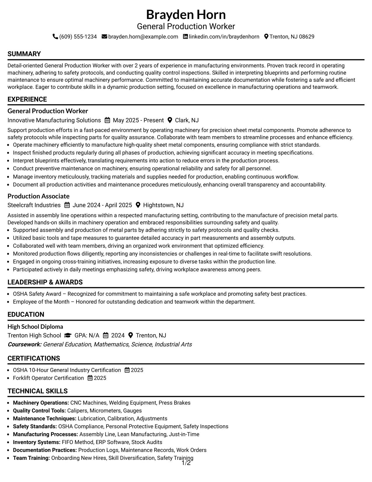 Resume Example Page 1
