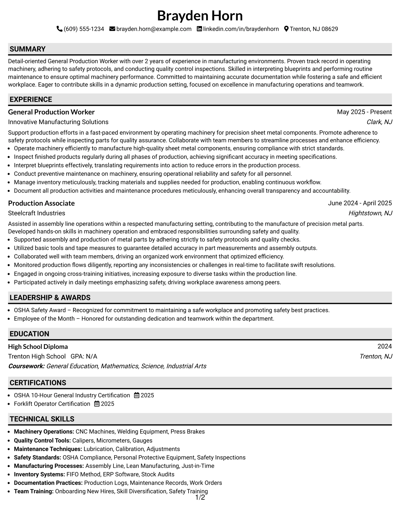 Resume Example Page 1