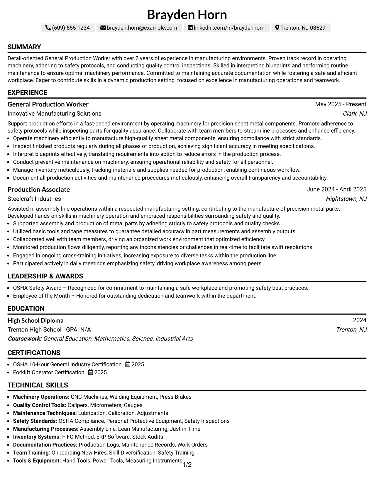 Resume Example Page 1