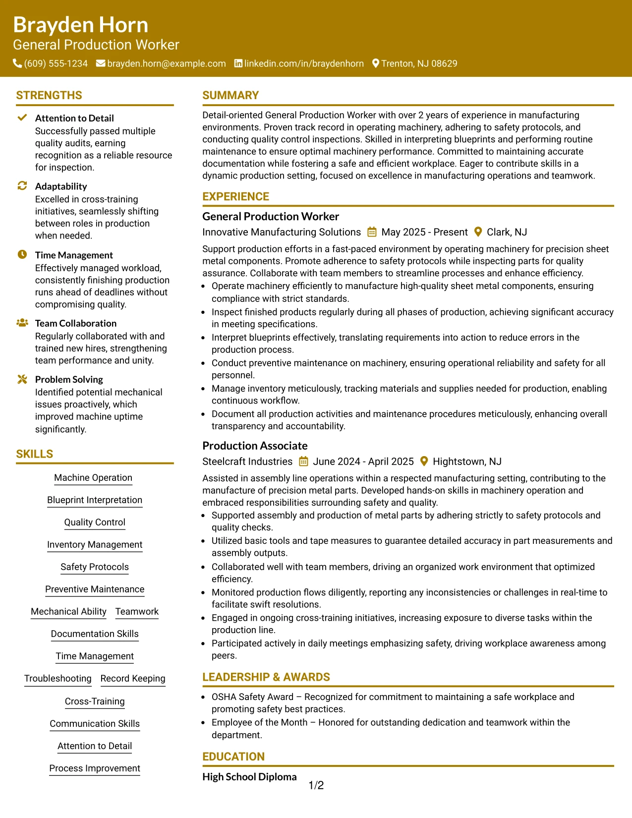 Resume Example Page 1