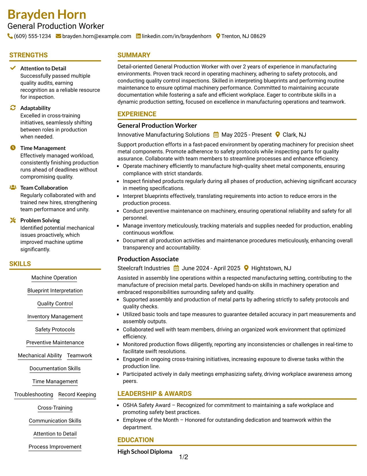 Resume Example Page 1
