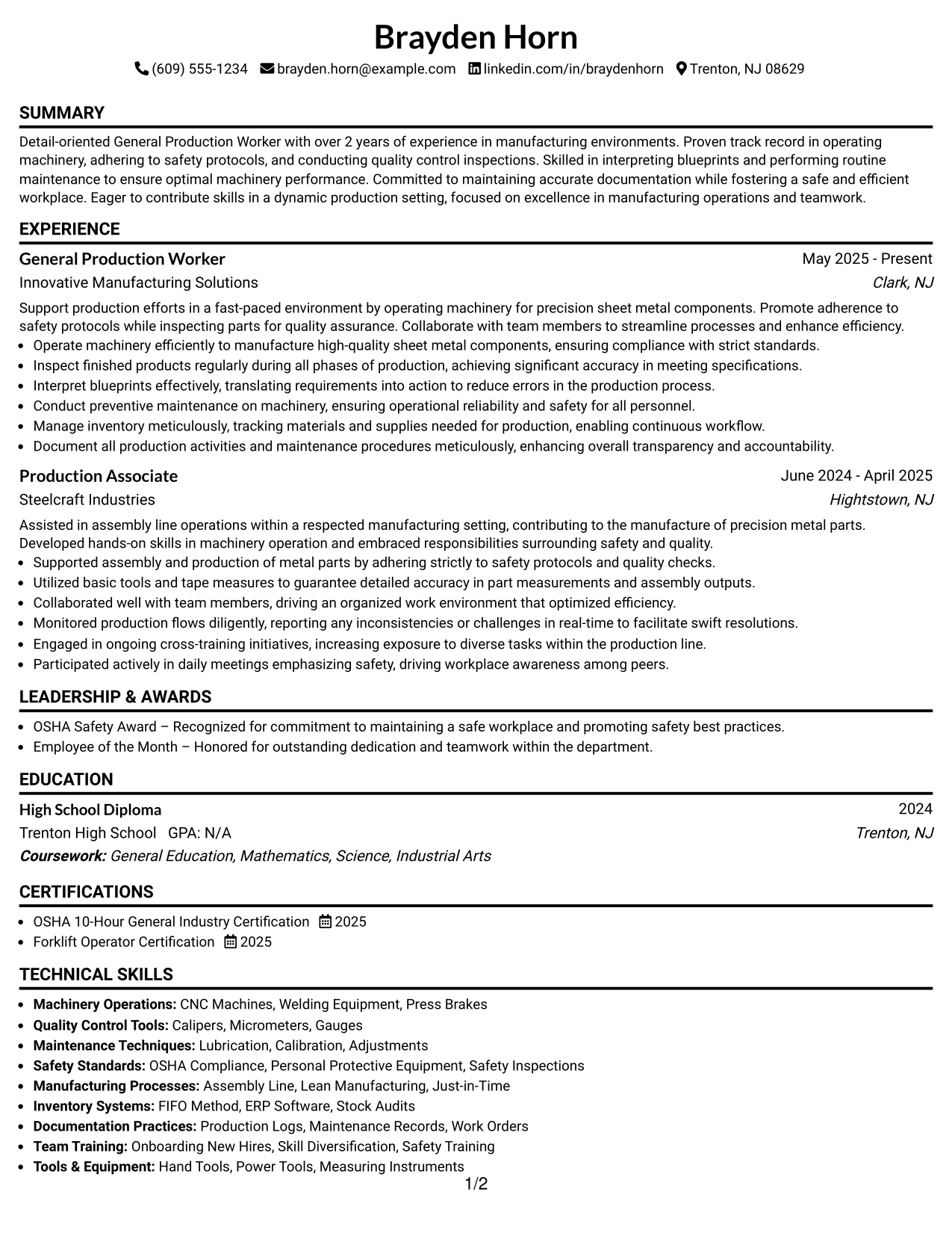 Resume Example Page 1