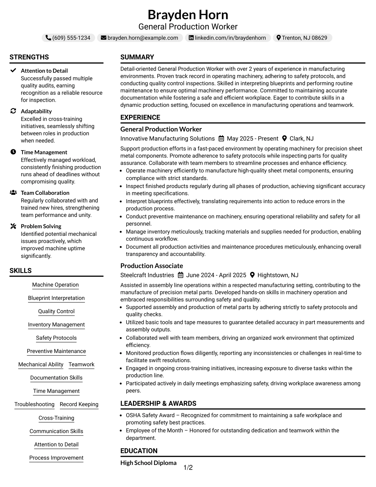 Resume Example Page 1