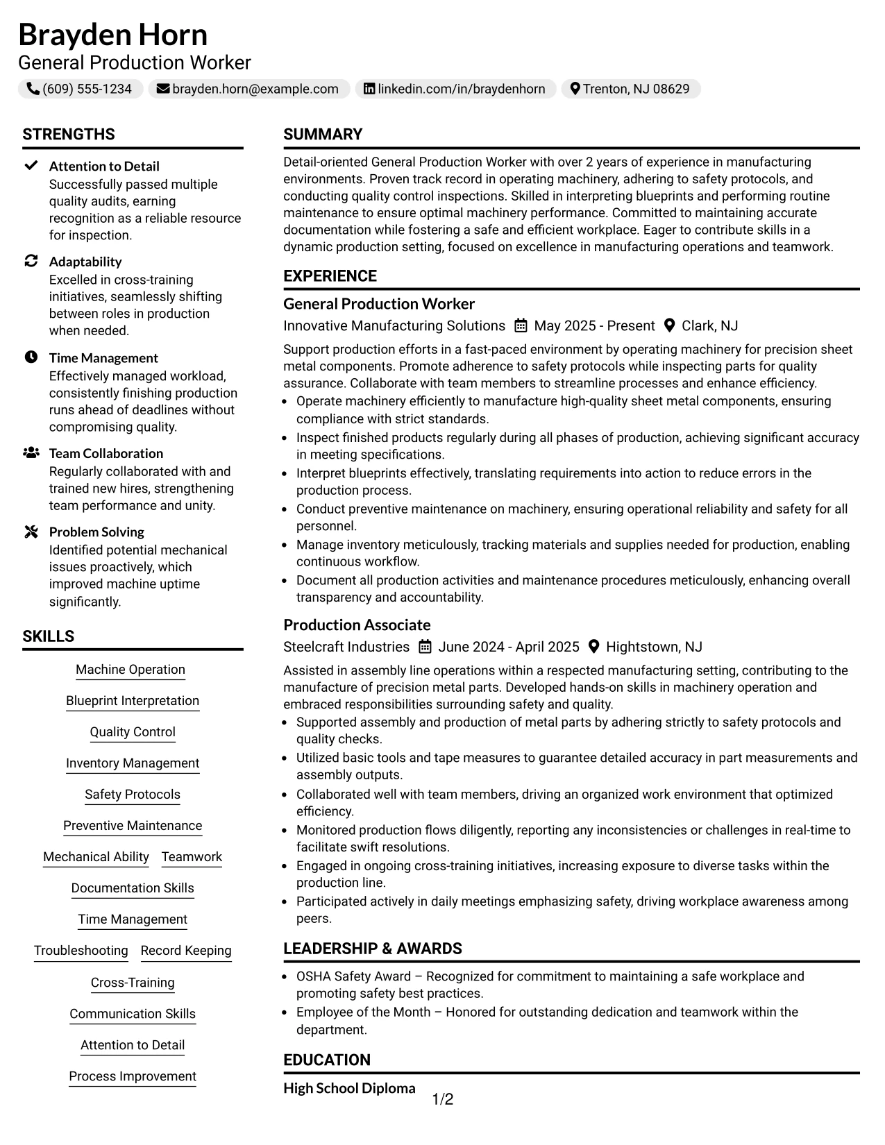 Resume Example Page 1