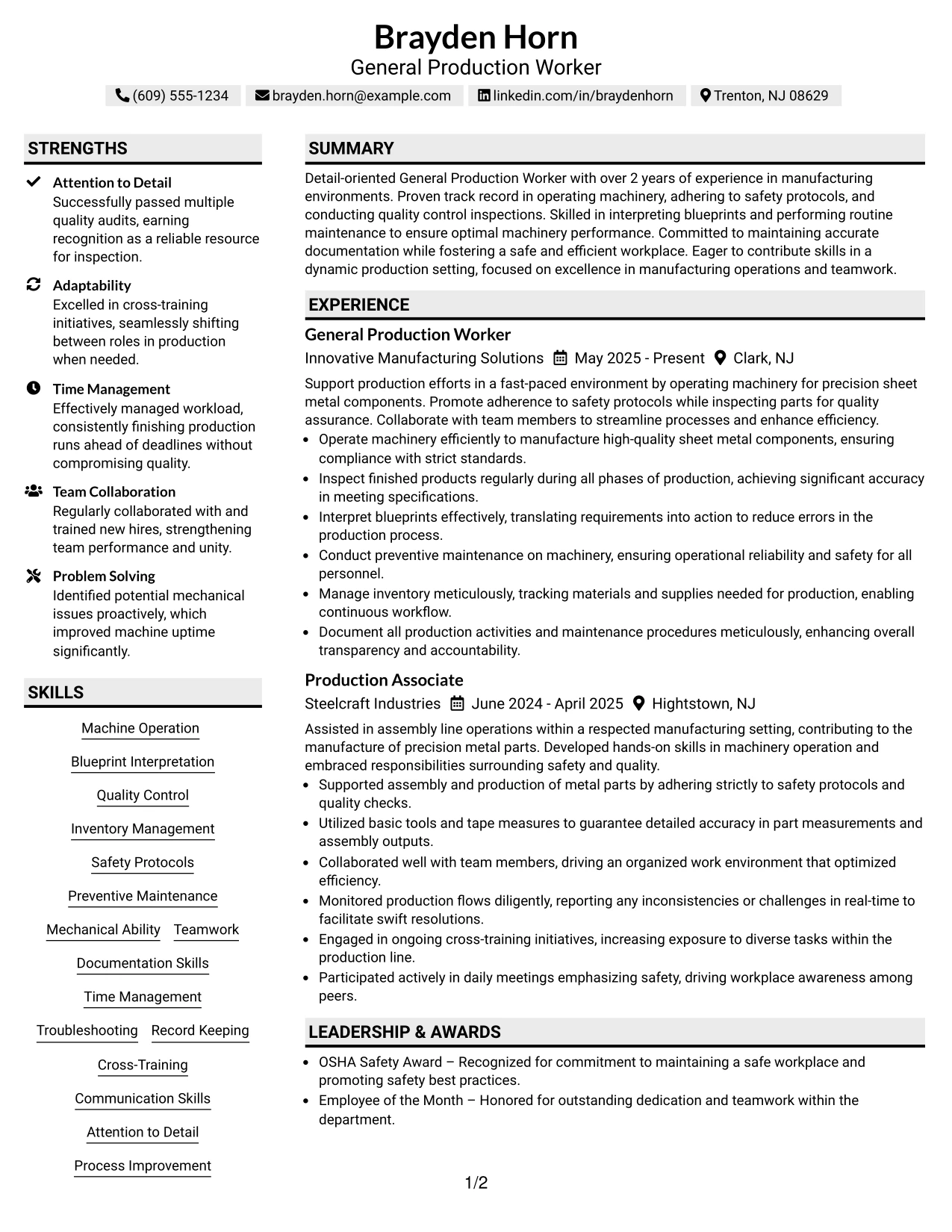 Resume Example Page 1