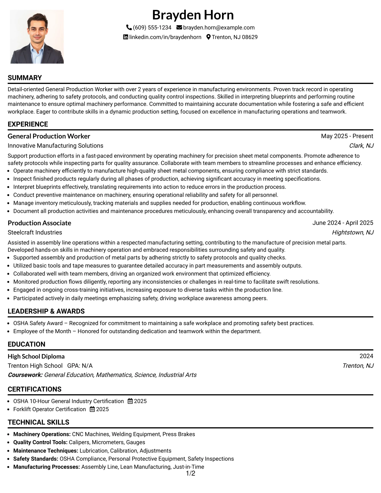 Resume Example Page 1