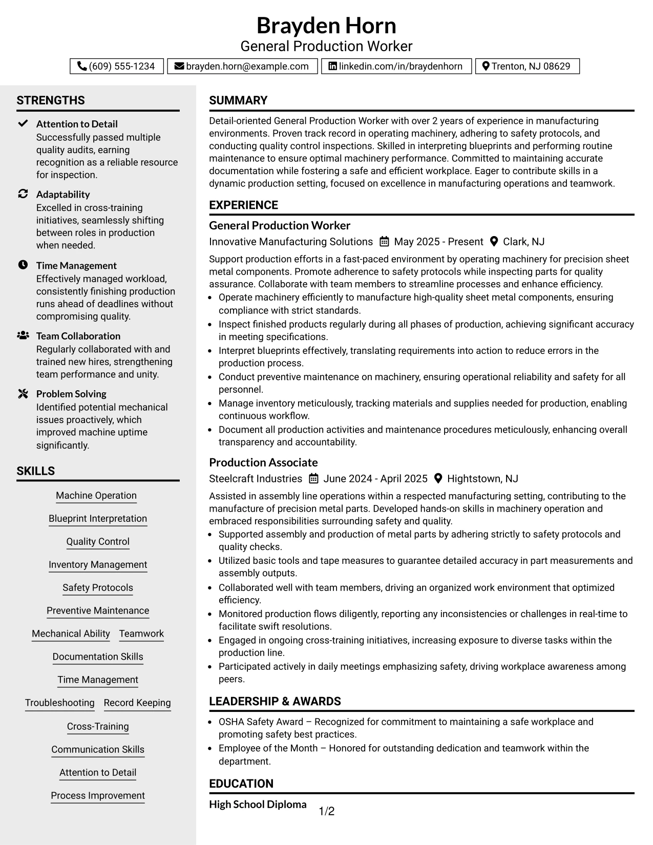 Resume Example Page 1