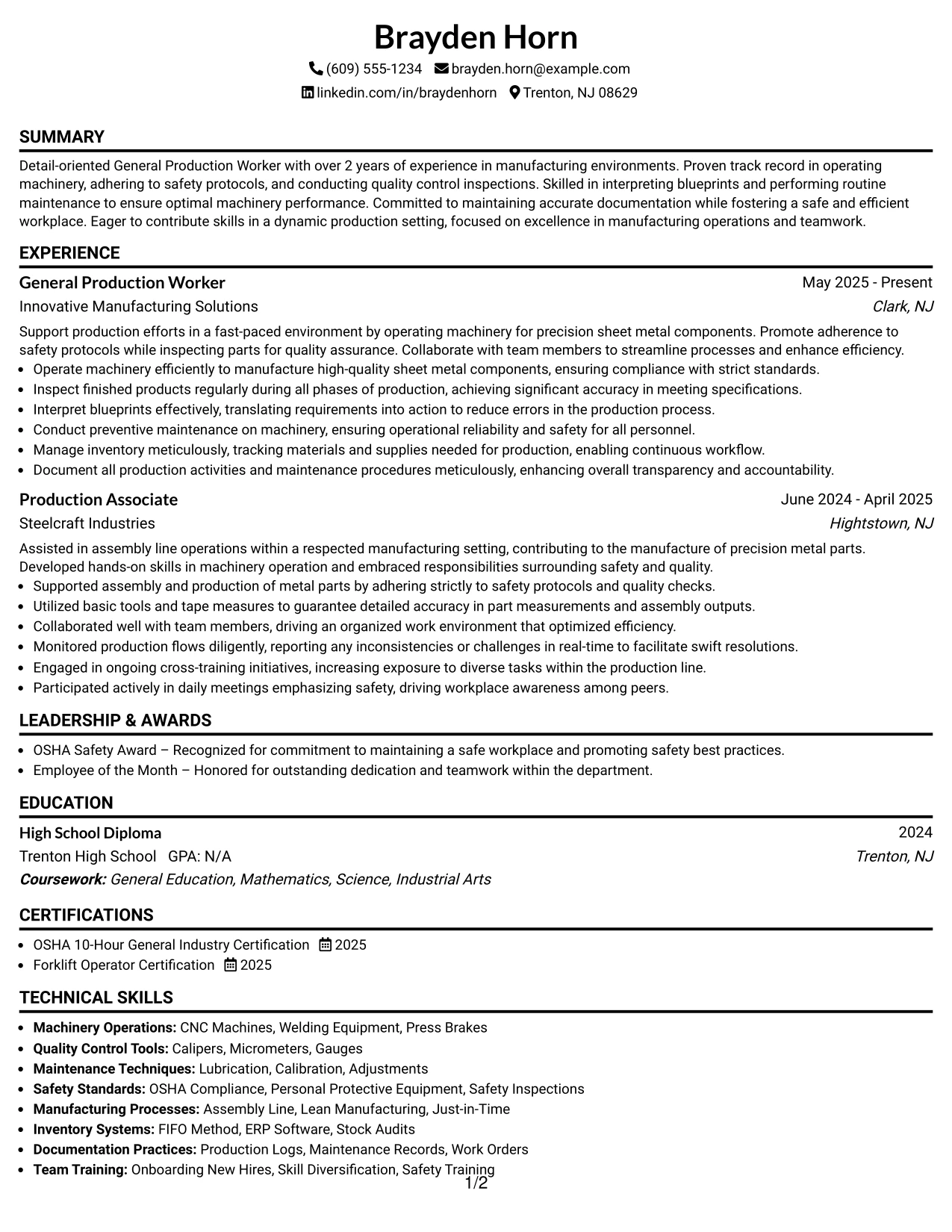 Resume Example Page 1