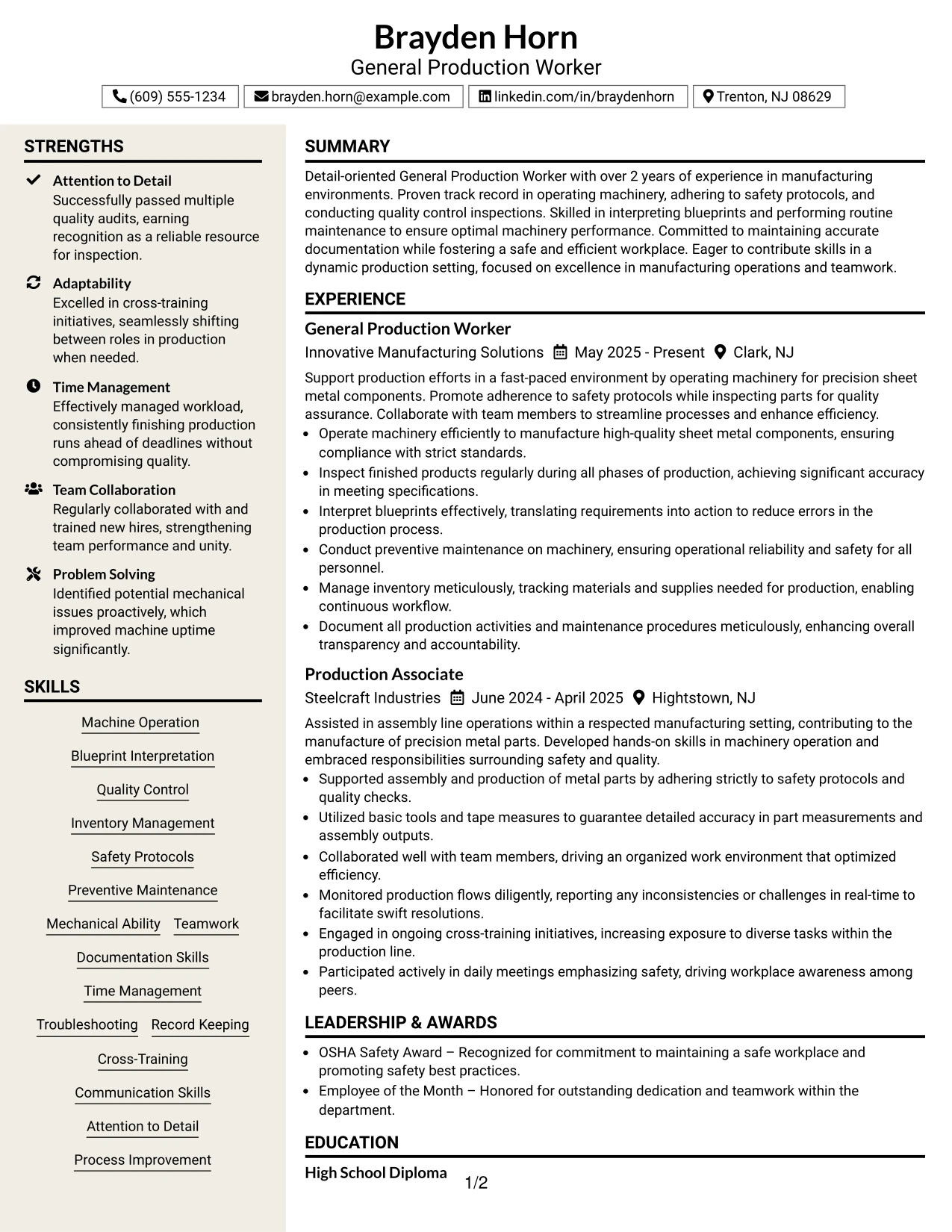 Resume Example Page 1