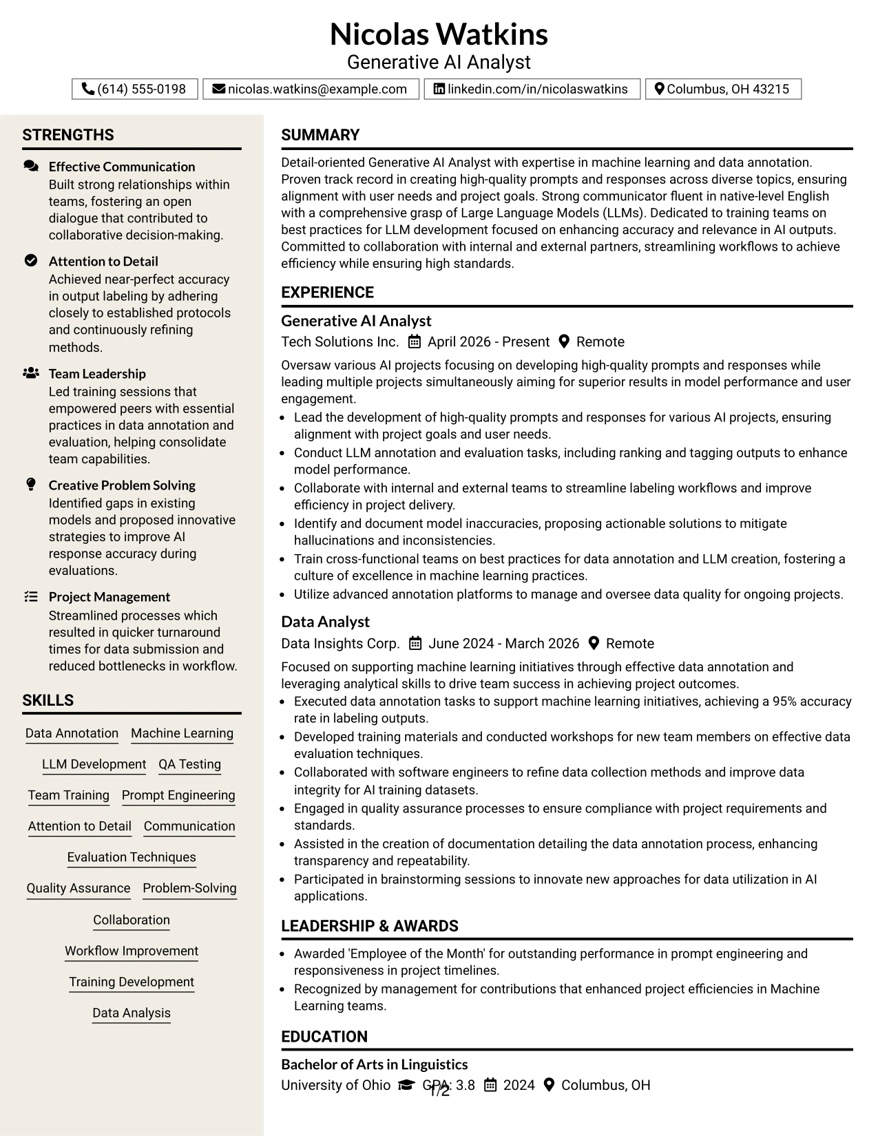Resume Example Page 1