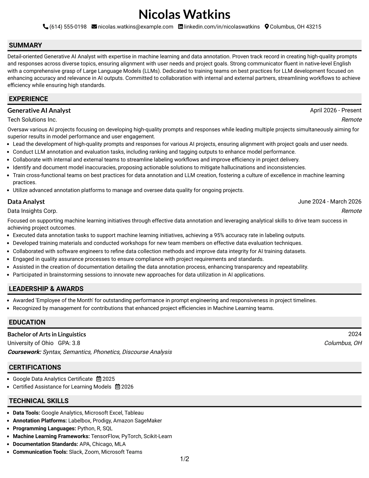 Resume Example Page 1