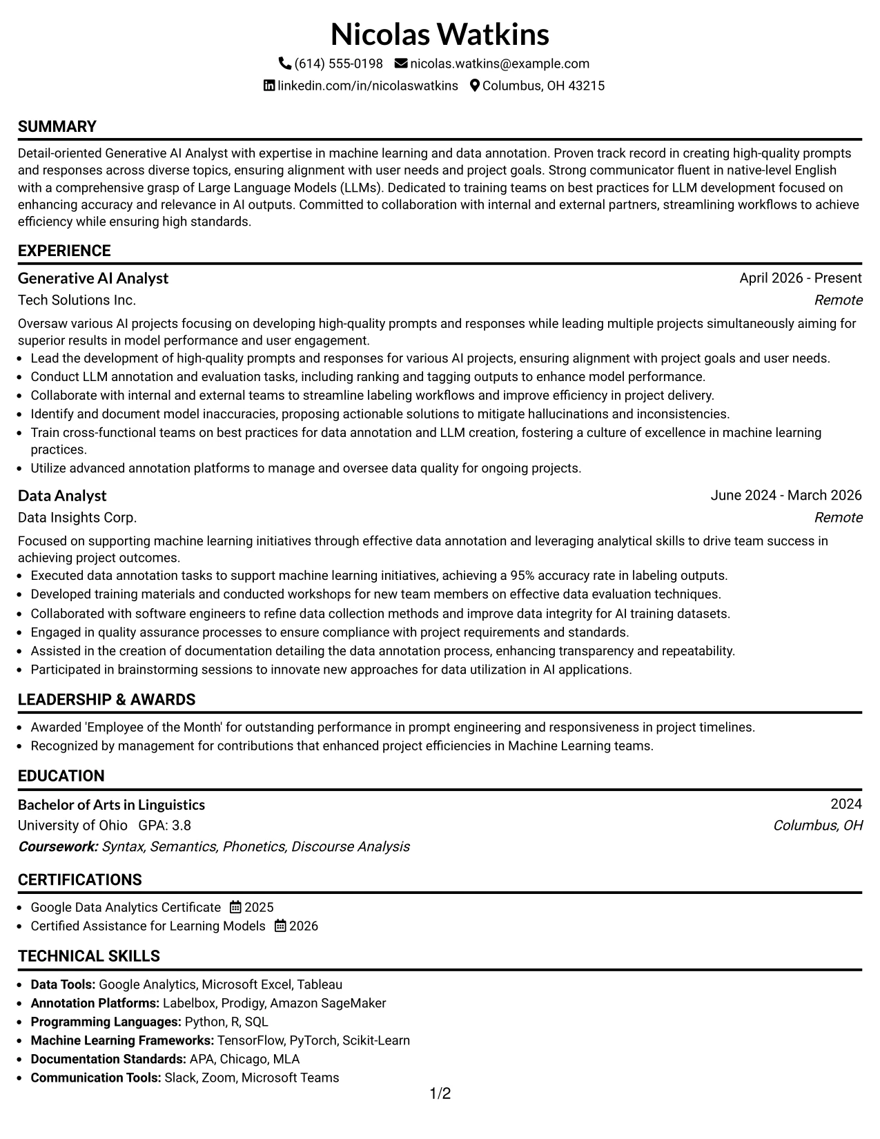 Resume Example Page 1