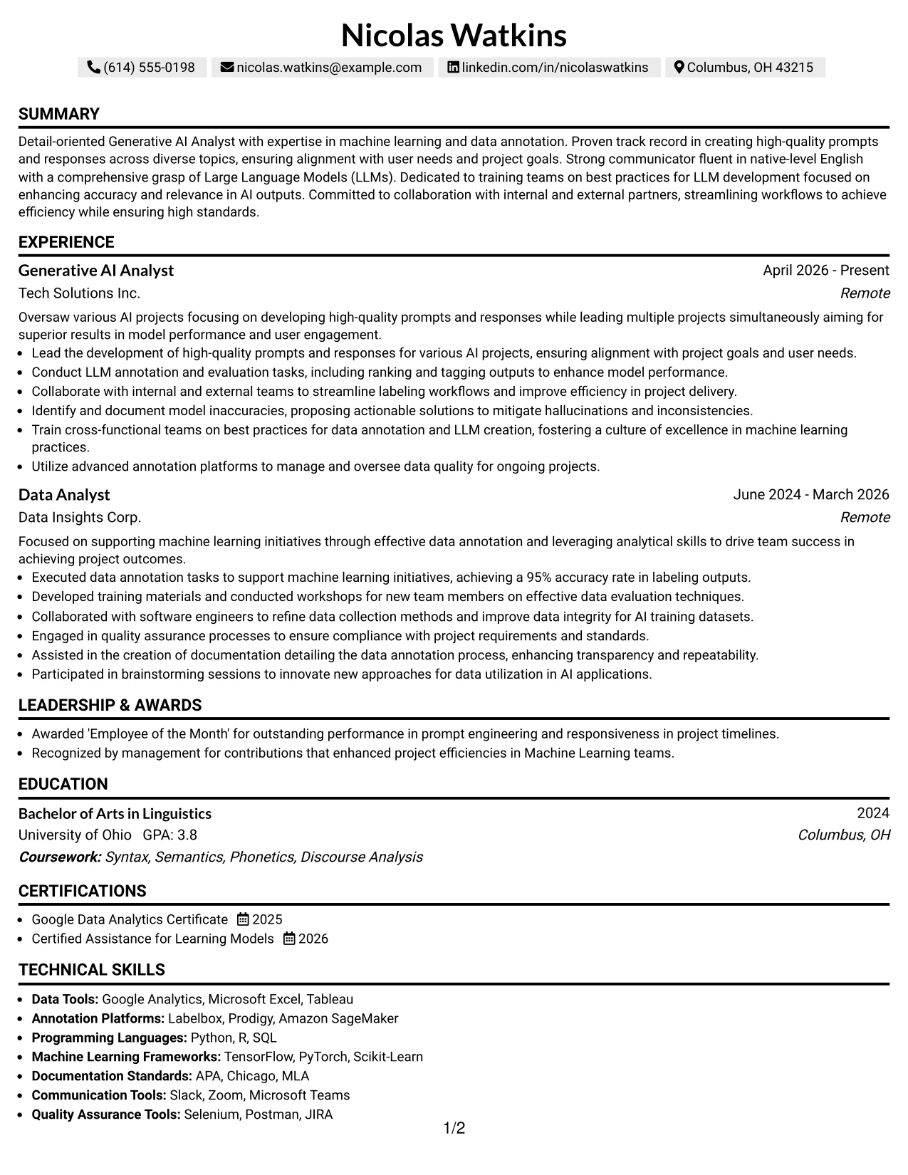 Resume Example Page 1