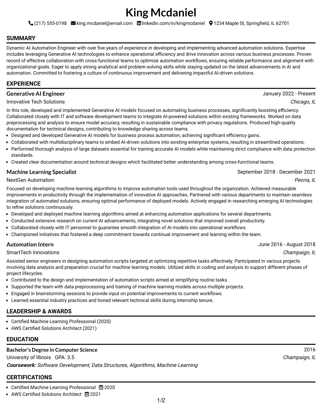Resume Example Page 1