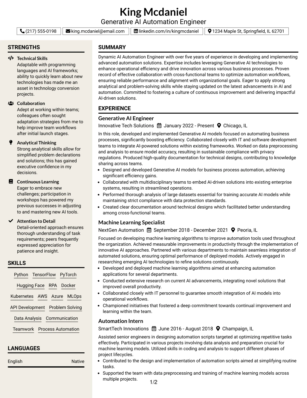 Resume Example Page 1