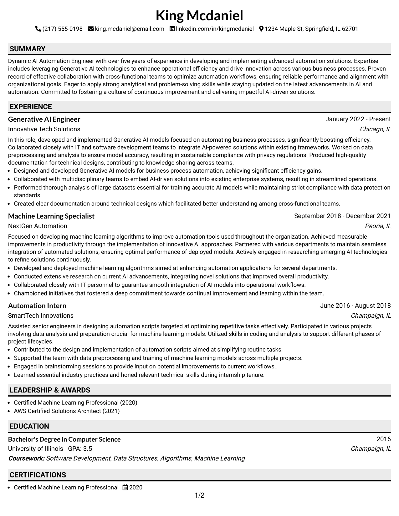 Resume Example Page 1