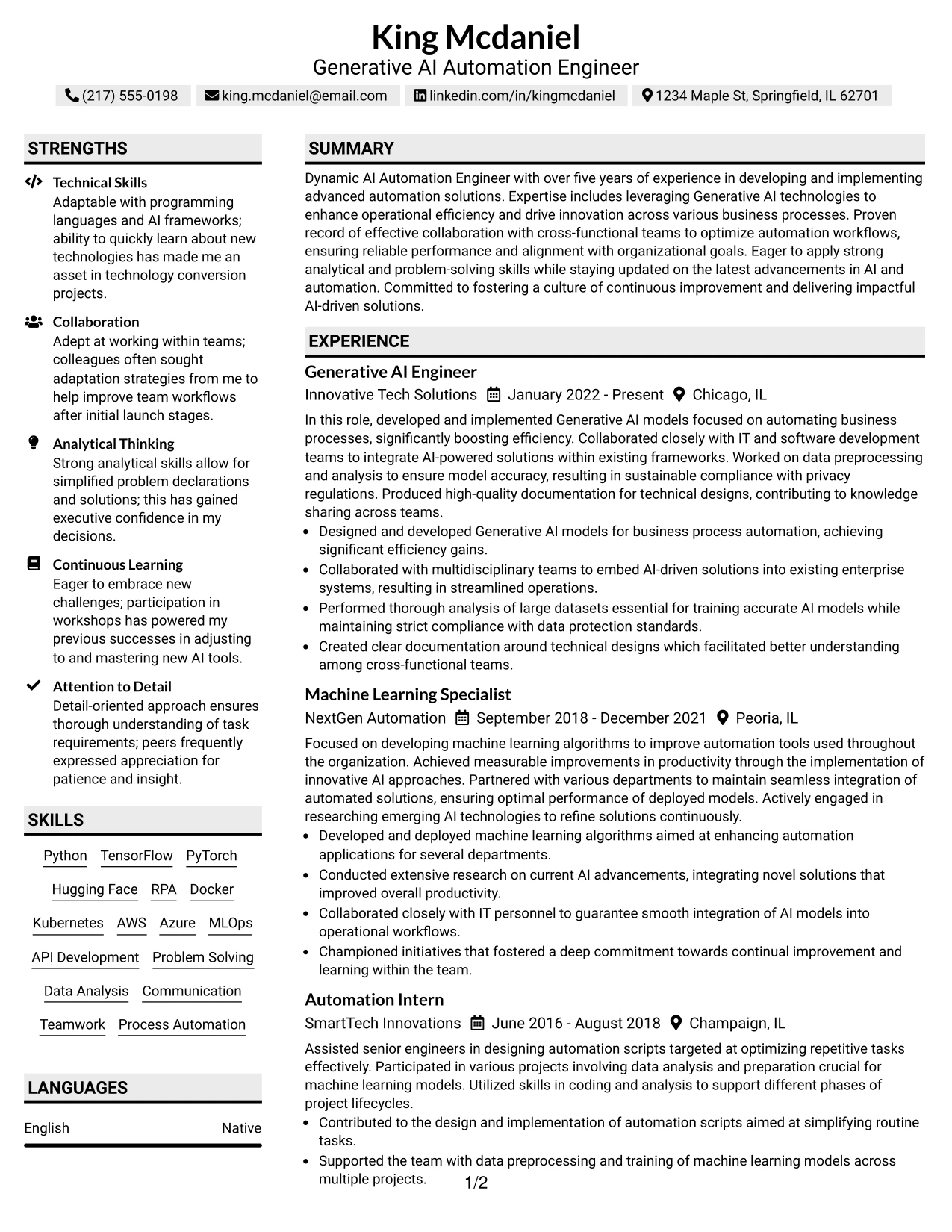 Resume Example Page 1