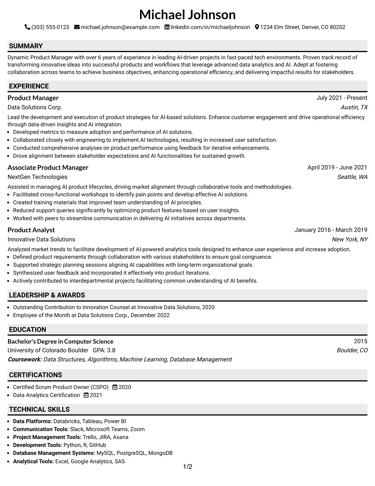 Resume Example Page 1