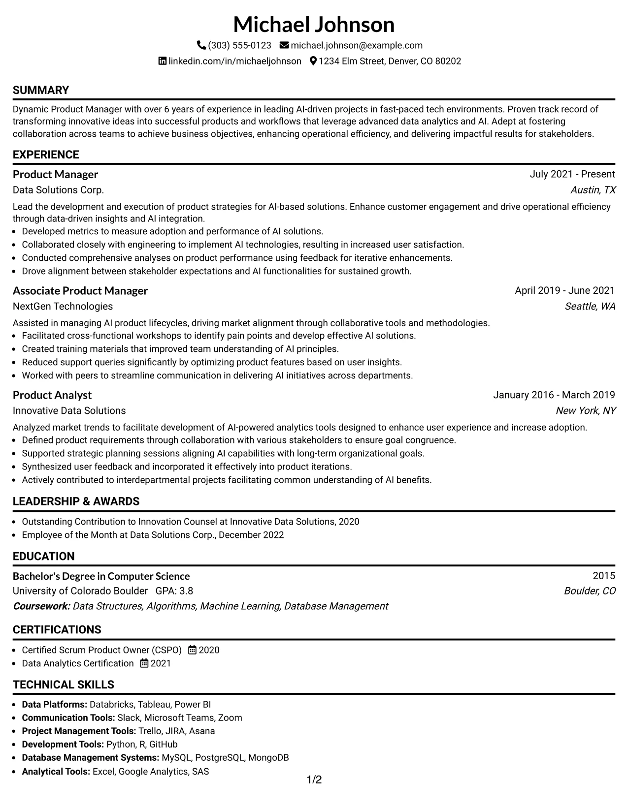 Resume Example Page 1