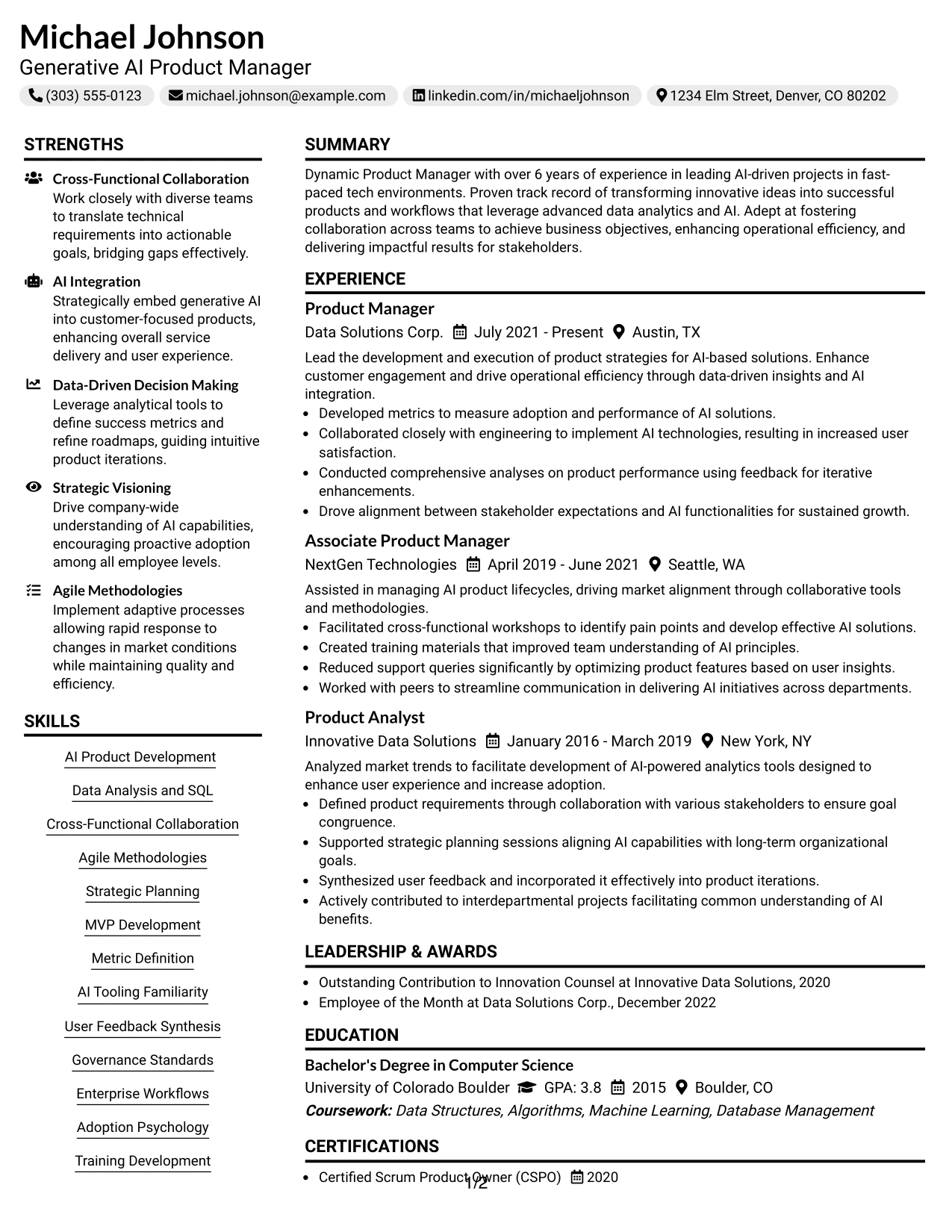 Resume Example Page 1