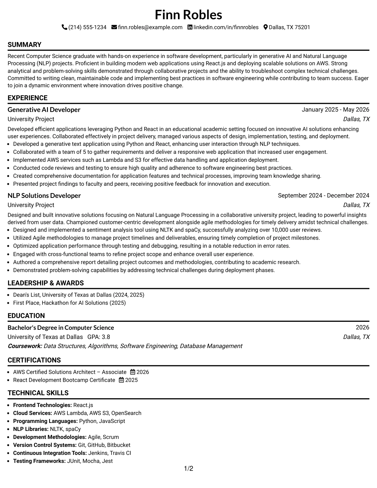 Resume Example Page 1