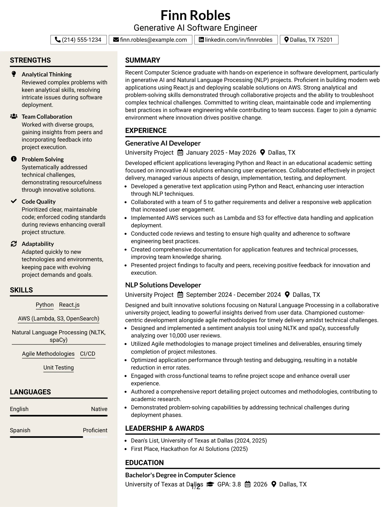 Resume Example Page 1
