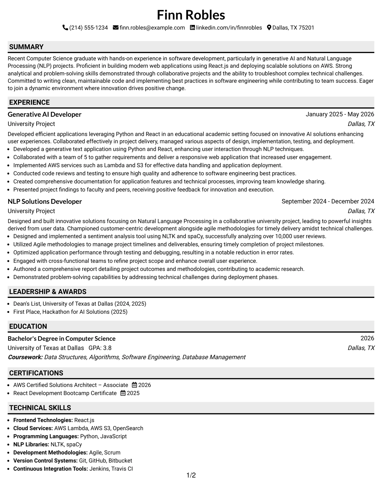 Resume Example Page 1