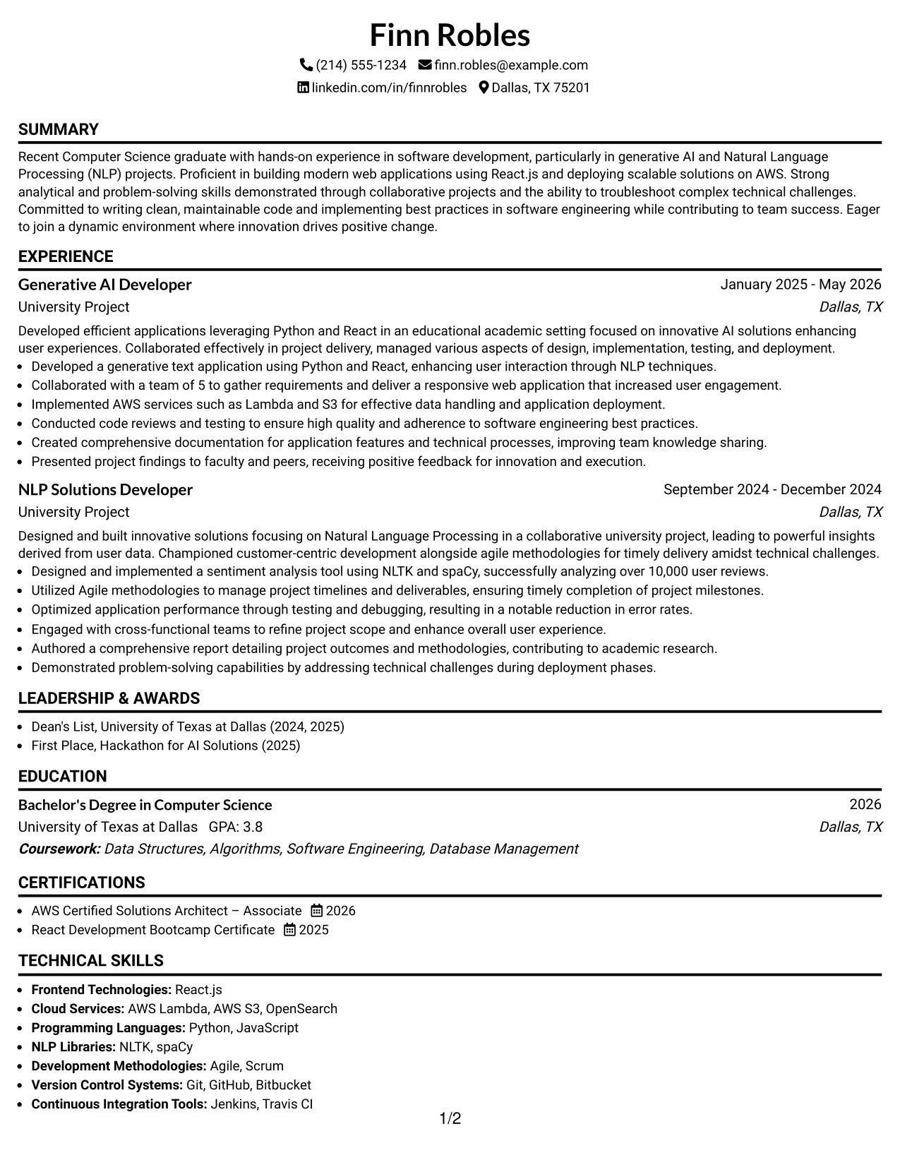 Resume Example Page 1