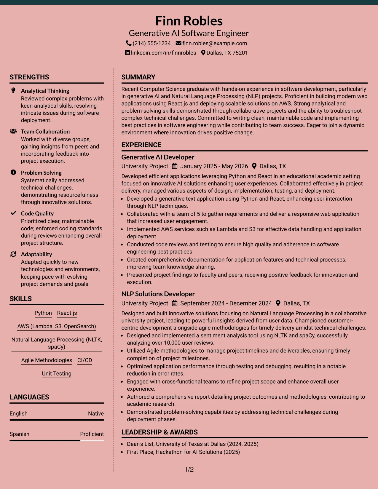 Resume Example Page 1