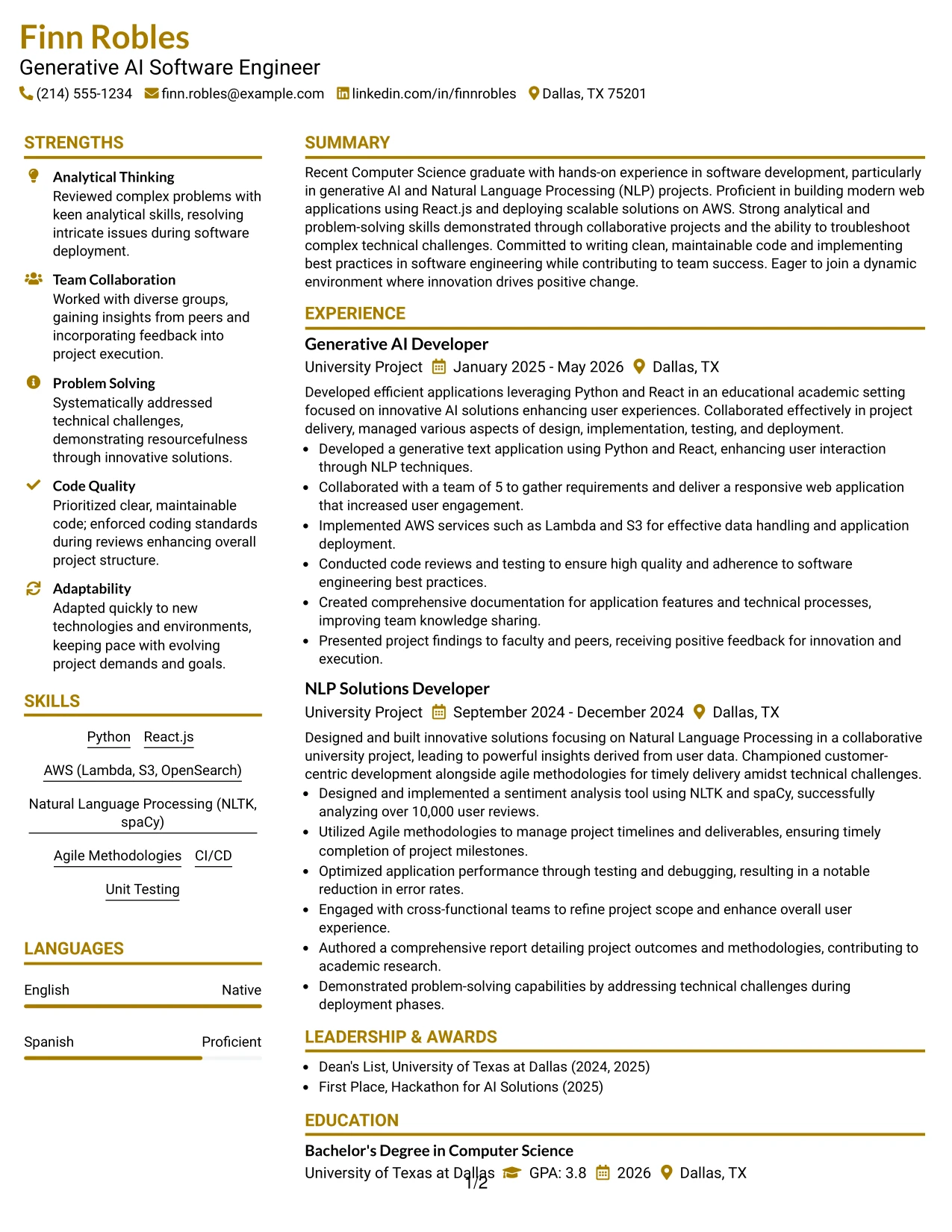Resume Example Page 1