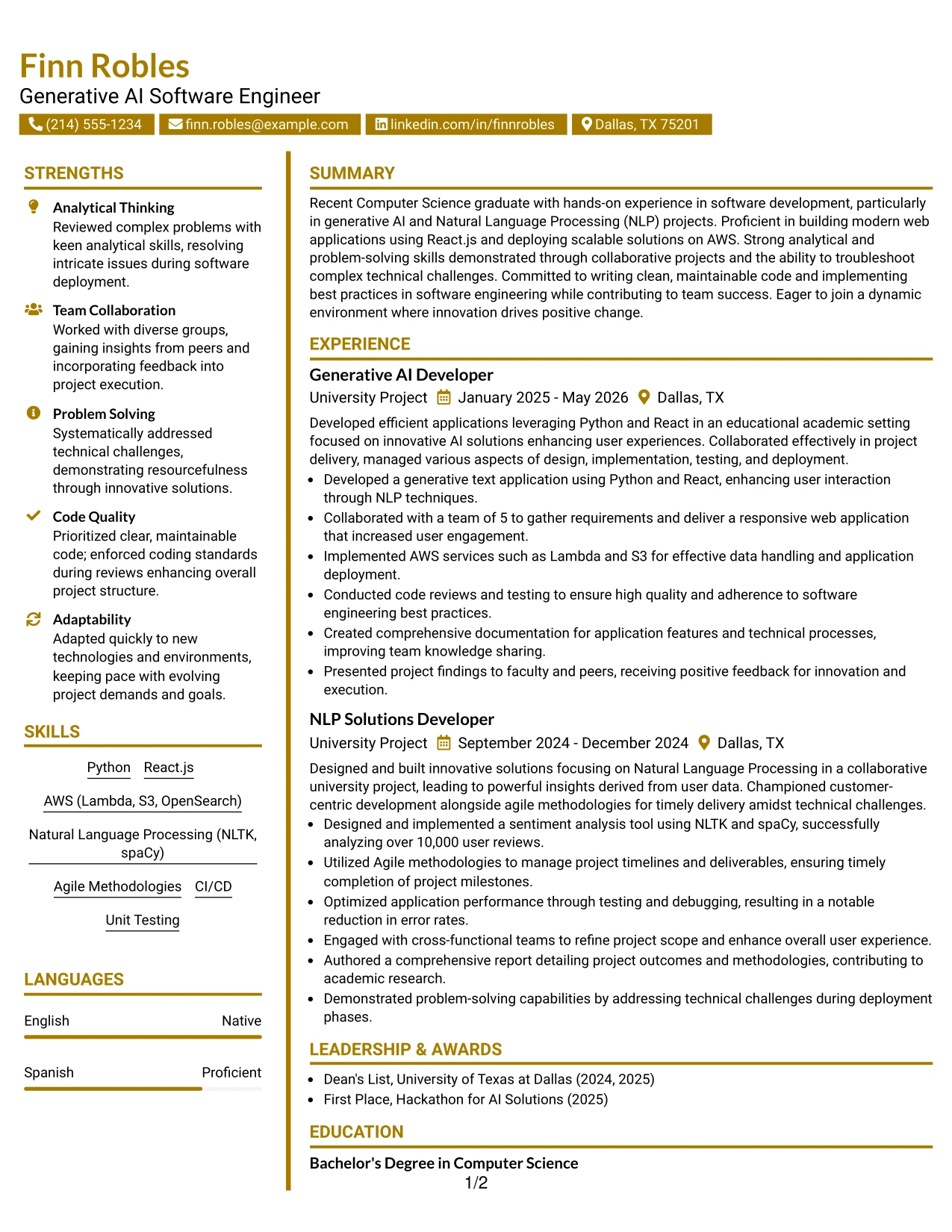 Resume Example Page 1