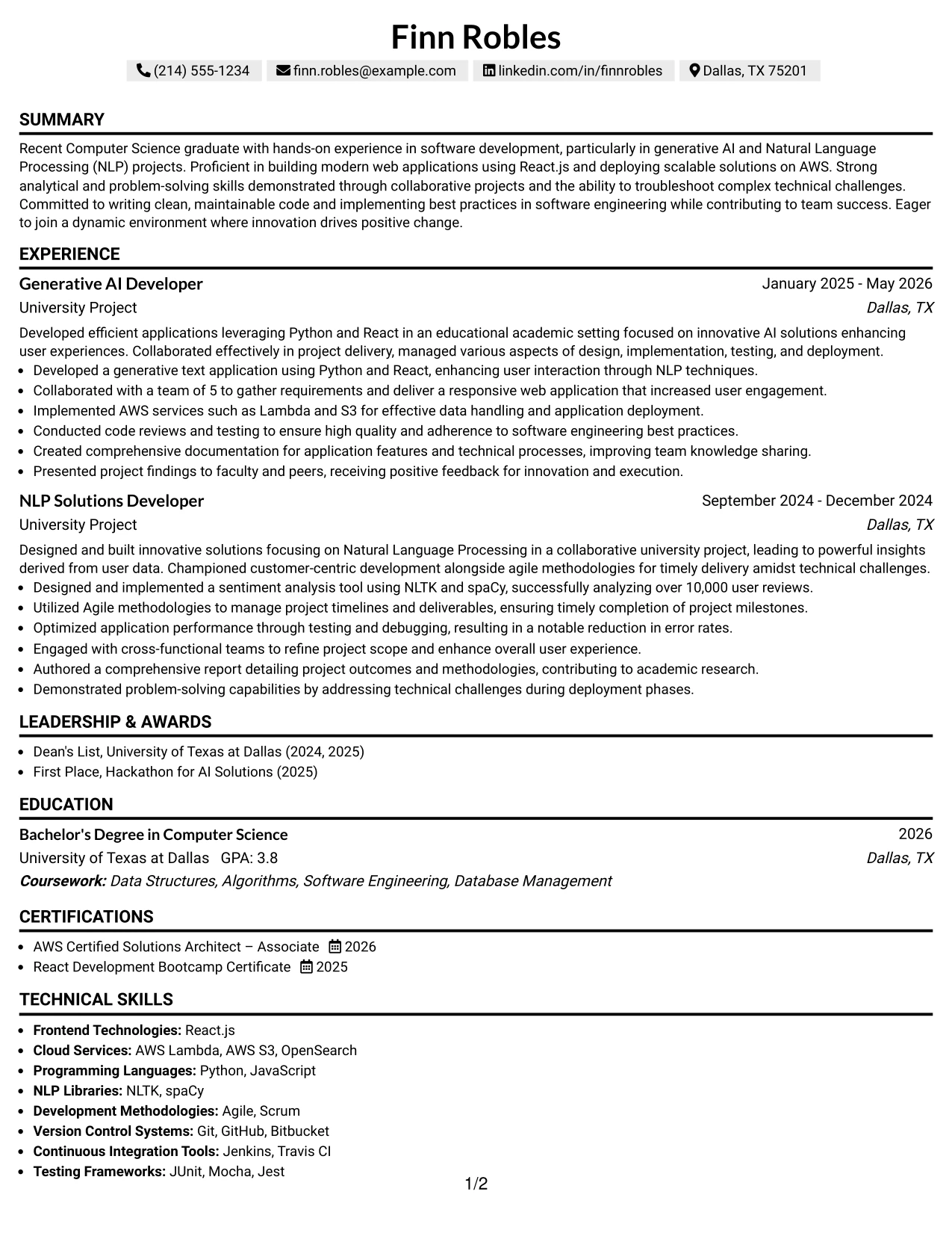 Resume Example Page 1