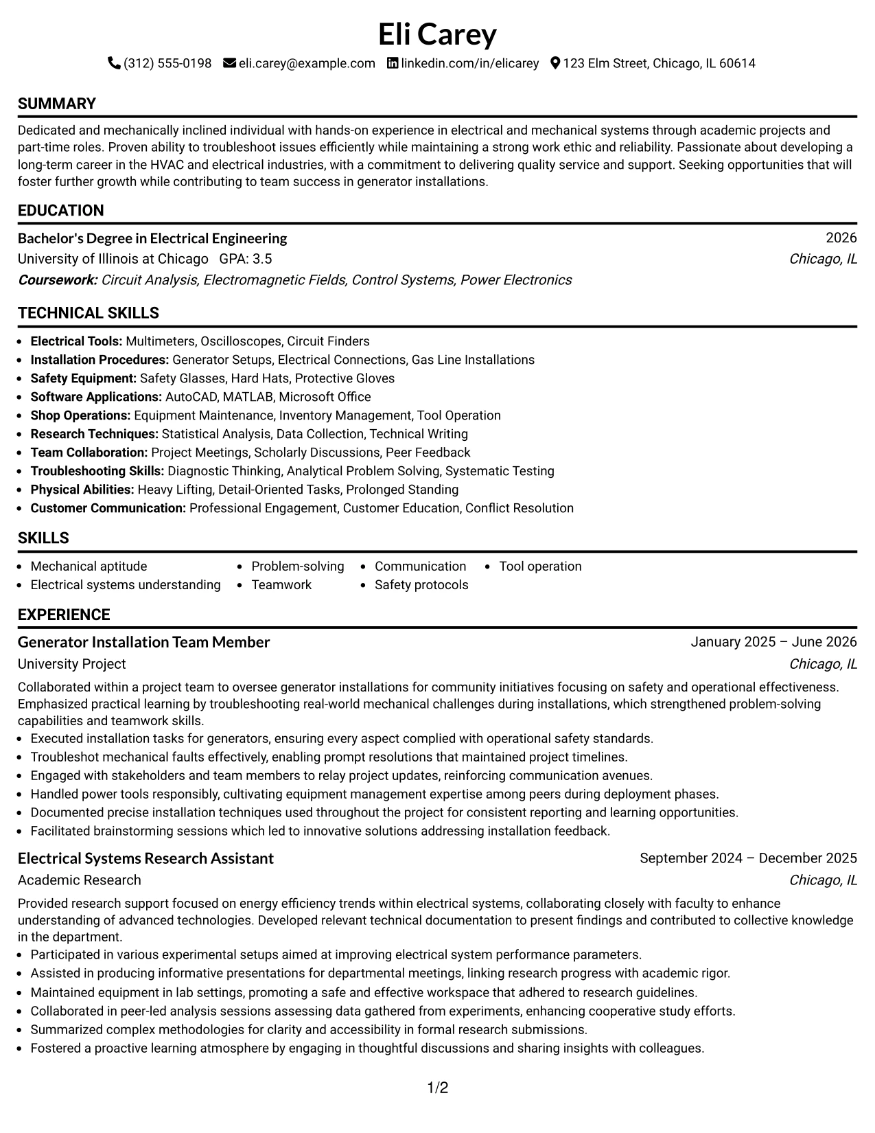 Resume Example Page 1