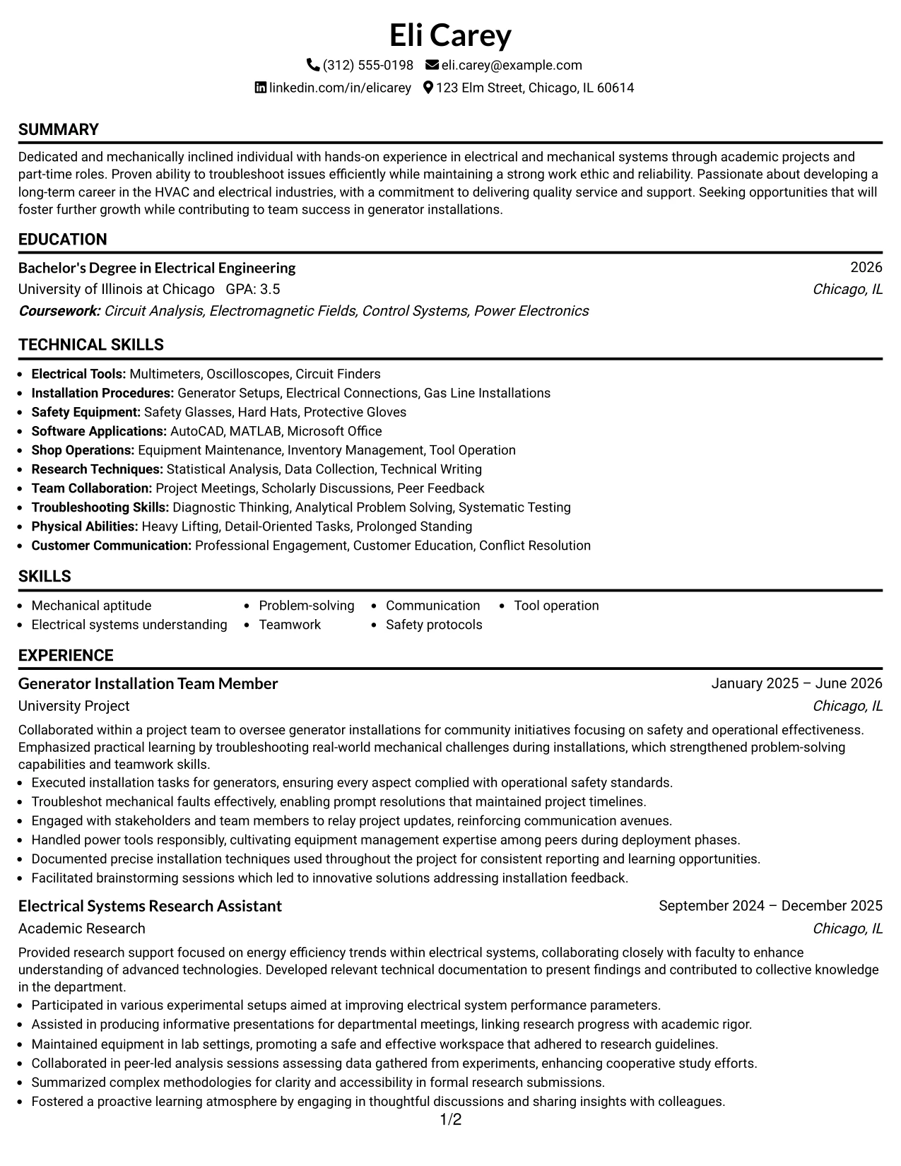 Resume Example Page 1