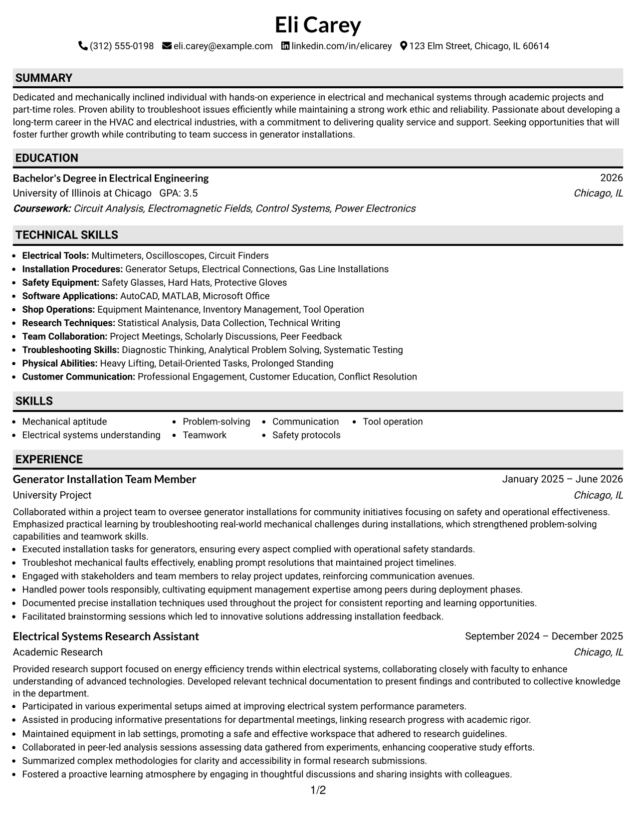 Resume Example Page 1