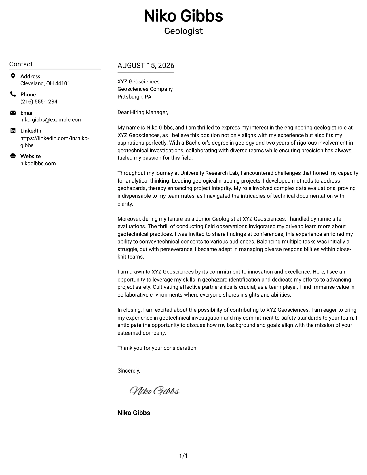 Resume Example Page 1