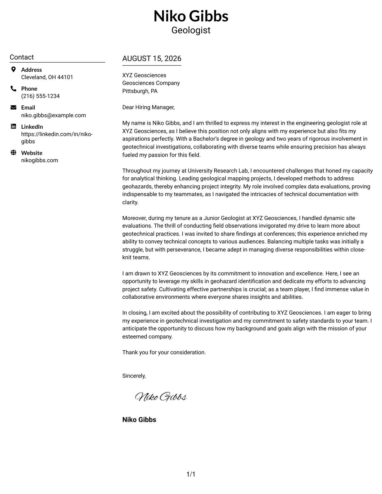 Resume Example Page 1