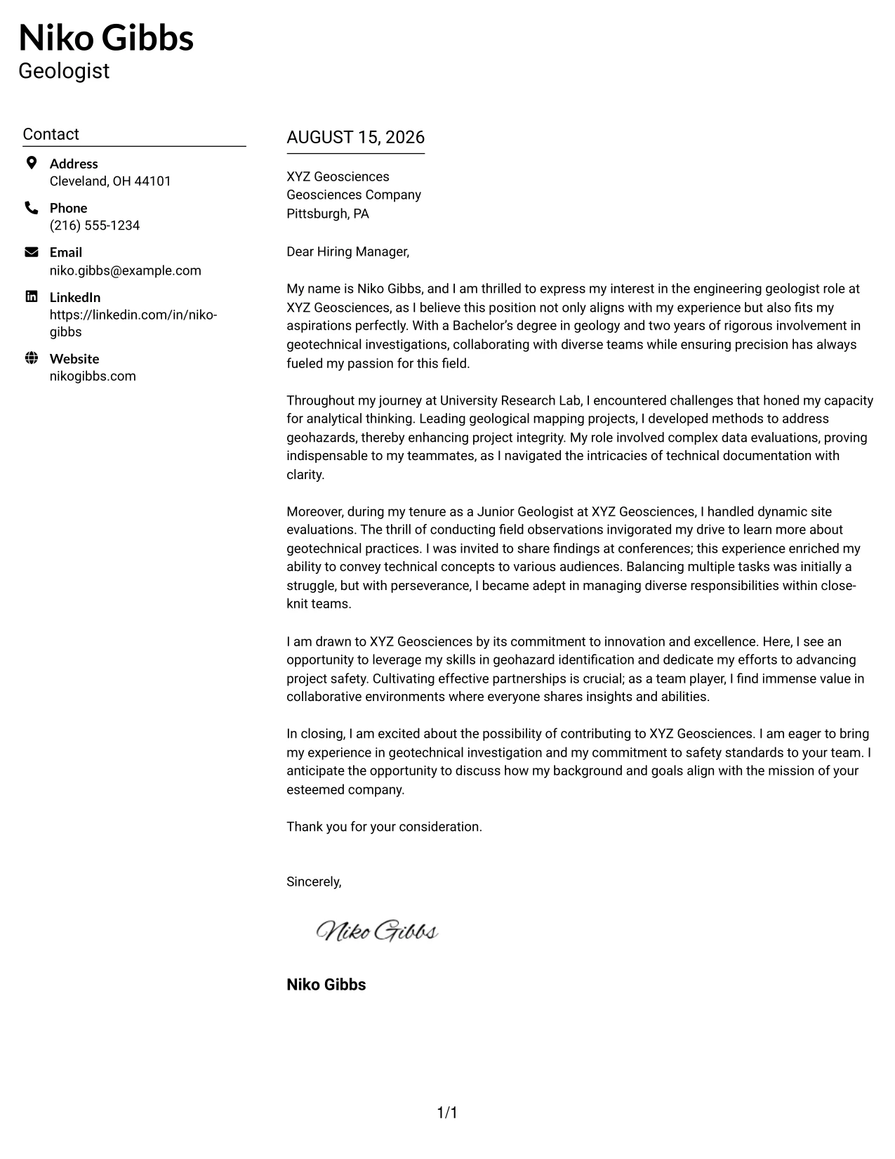 Resume Example Page 1