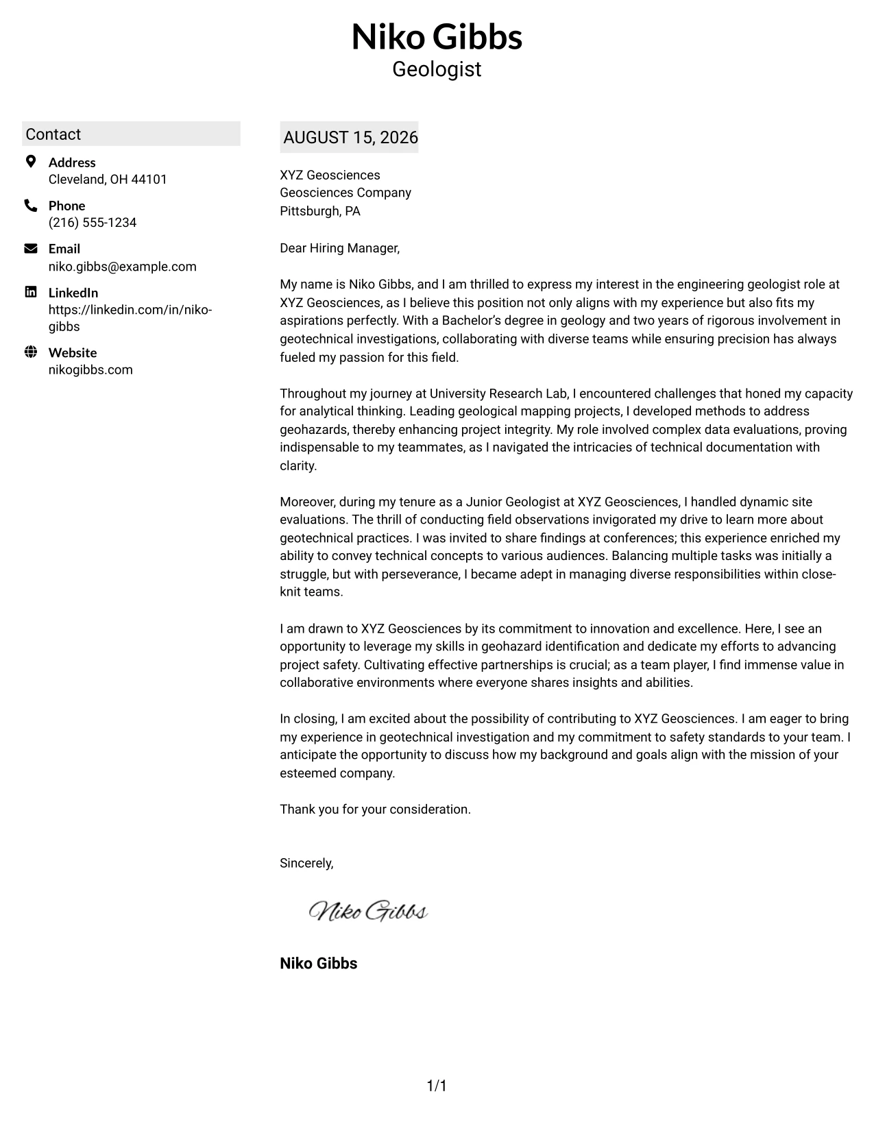 Resume Example Page 1