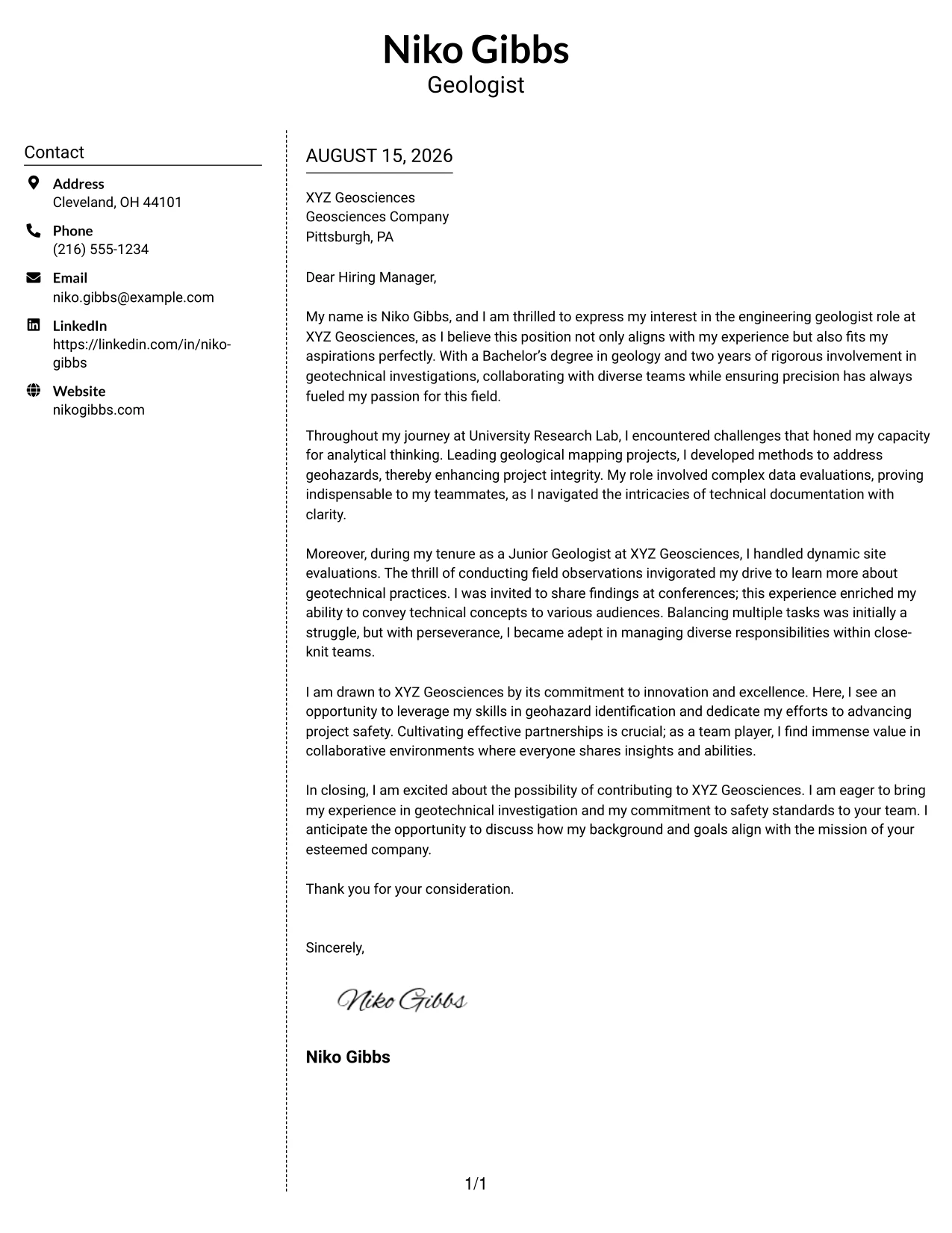 Resume Example Page 1