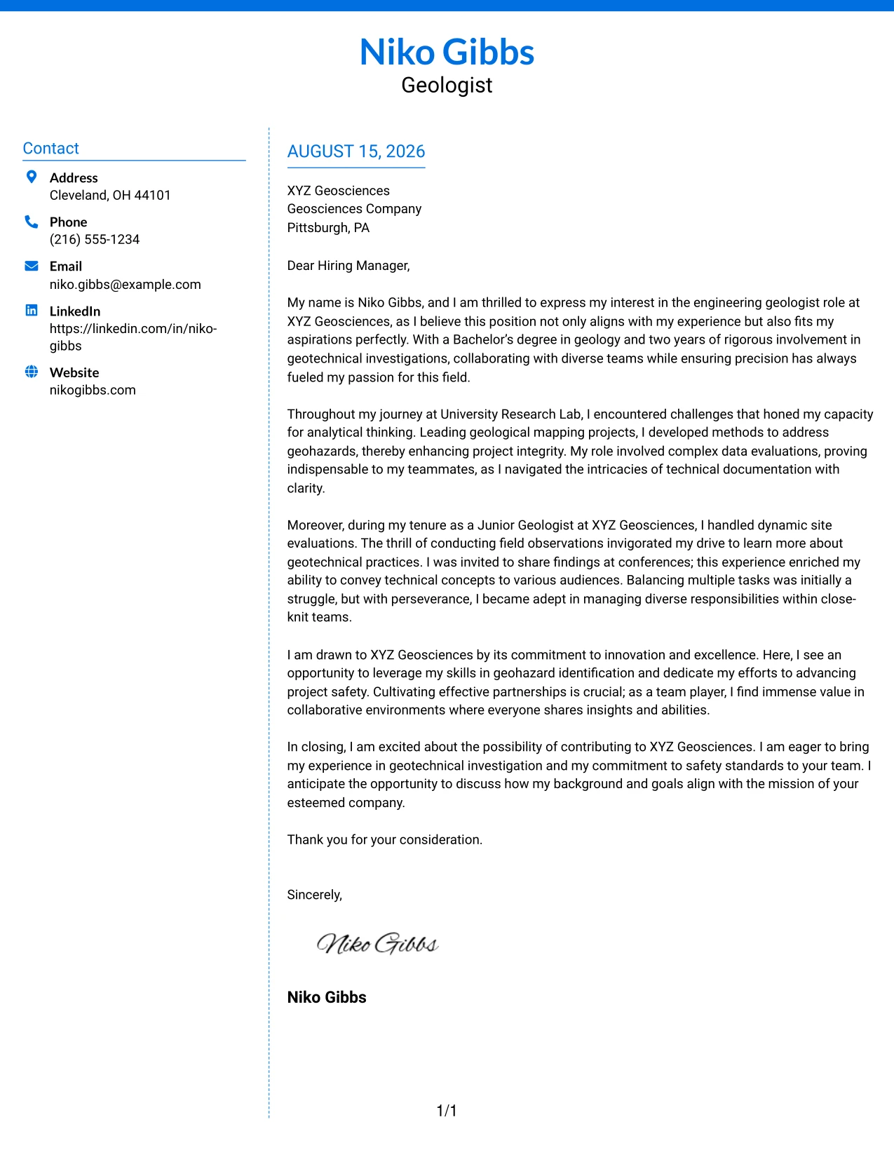 Resume Example Page 1