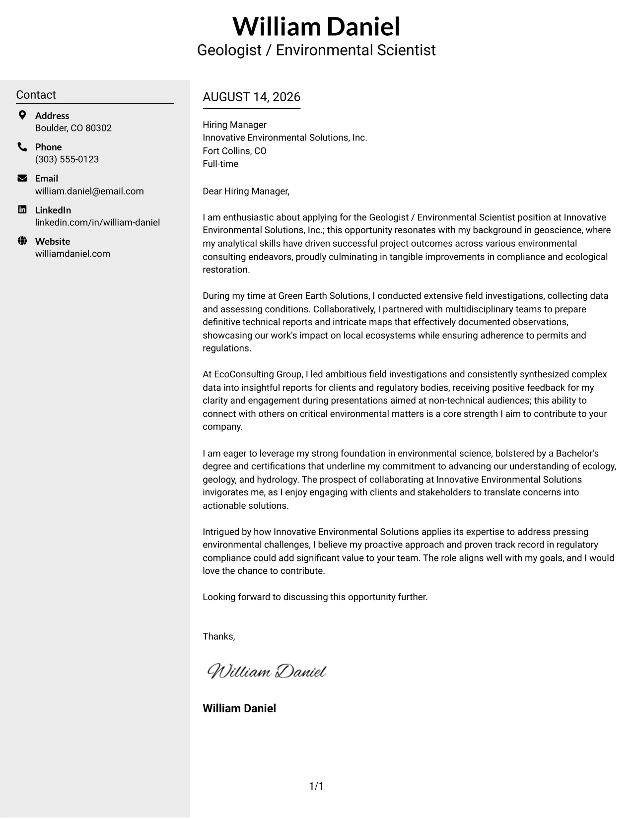 Resume Example Page 1